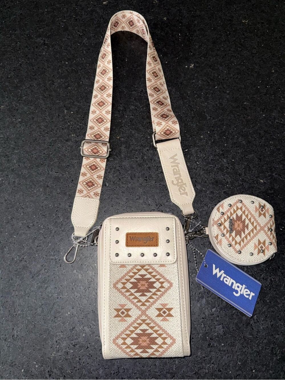 NEW Wrangler BEIGE IVORY TAN Aztec Southwestern Crossbody Phone Bag Coin Pouch